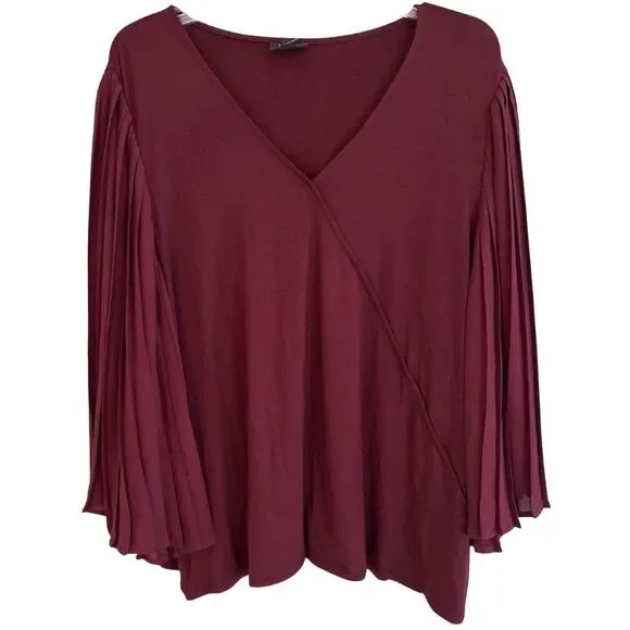 J Jill Bordeaux Pleated Bell Sleeve Top Womens Sz XL V Neck Flowing Dramatic NEW - Picture 4 of 15